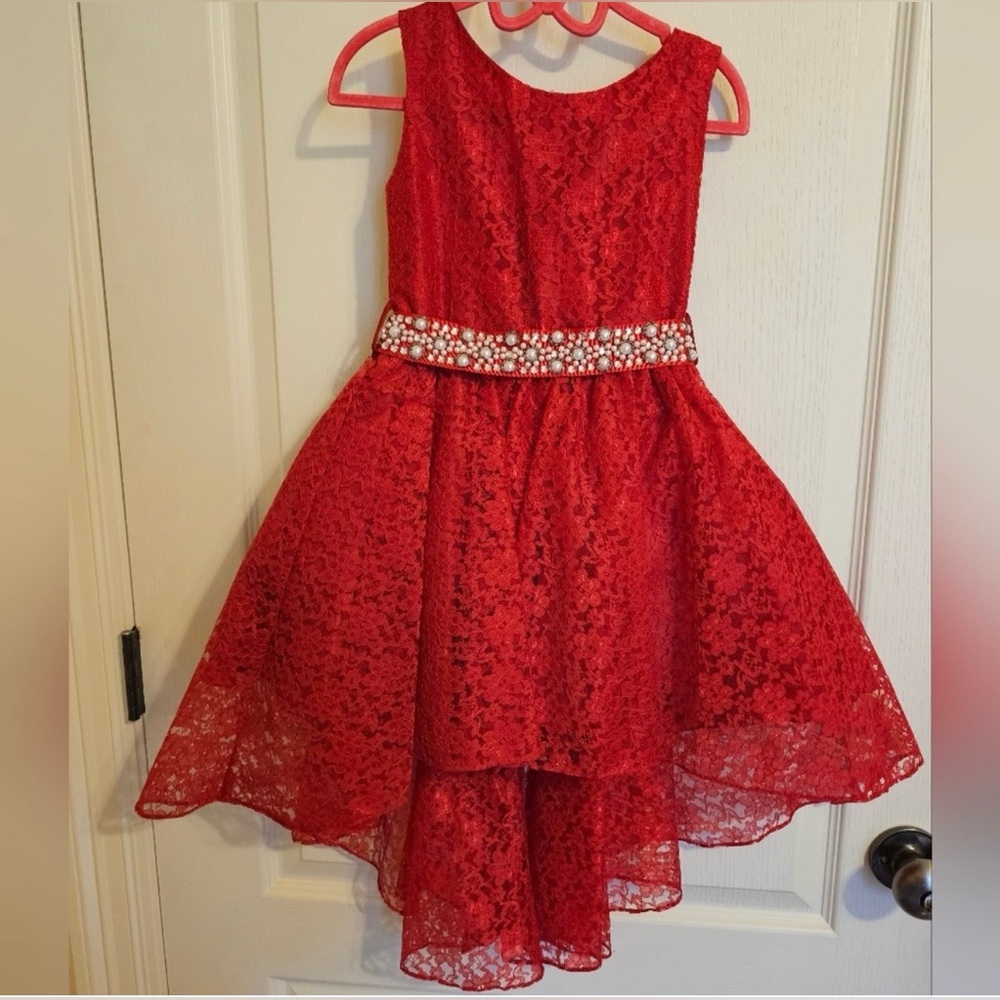 Girls Red Lace High-Low Party Dress with Beaded Waist